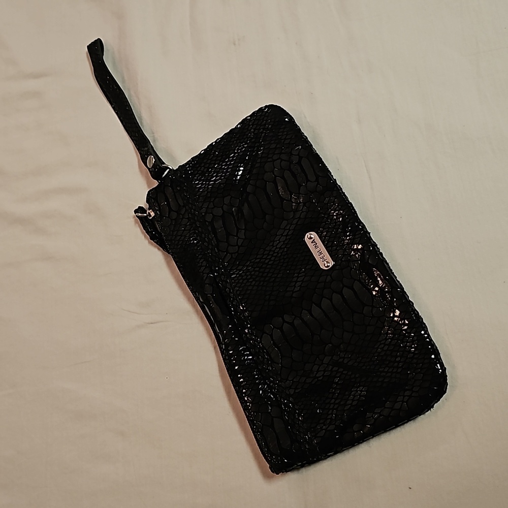 Perlina wristlet leather black snakeskin print